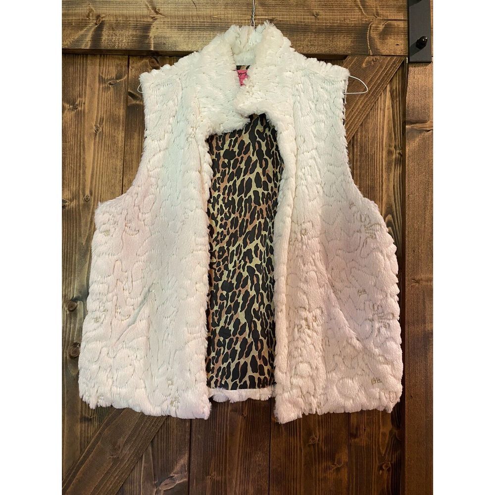 Betsey Johnson Vest Womens Medium‎ White Faux Fur Sequin Leopard Print Lined